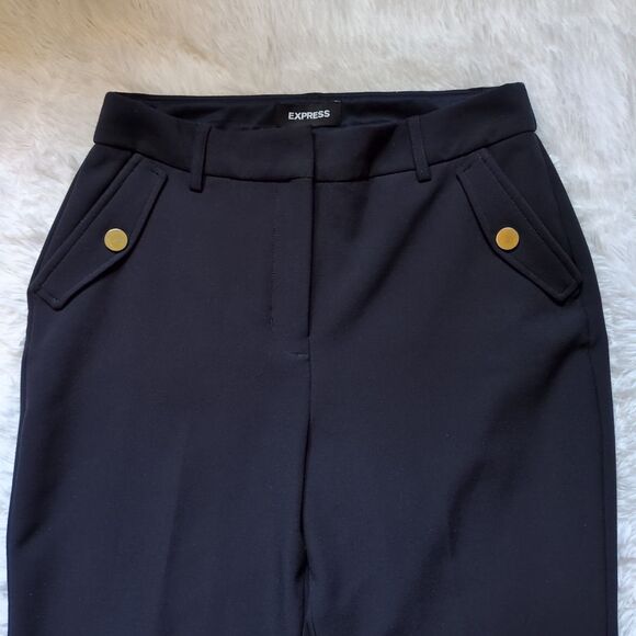 Express Womens 6R High Rise Crop‎ Dress Pant Bronze Button Pockets Navy Blue - Picture 3 of 13